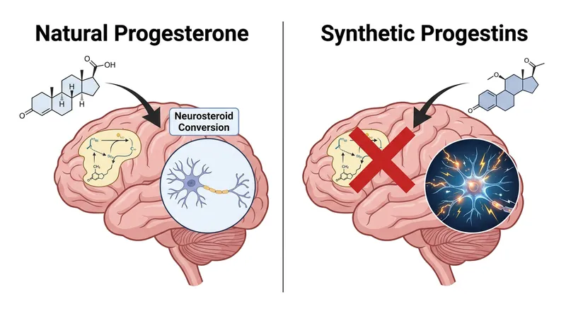 Unlike natural progesterone, synthetic progestins found in standard birth control do not convert into protective neurosteroids.