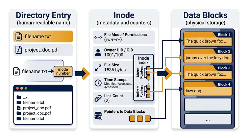 A file name is merely a pointer to an index node, which in turn maps to the physical data blocks.