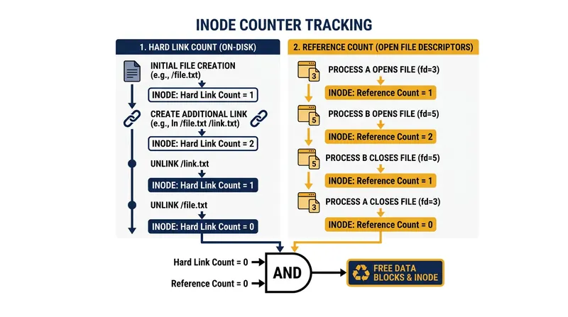 The kernel tracks both directory links and active file descriptors, requiring both to reach zero before reclaiming space.