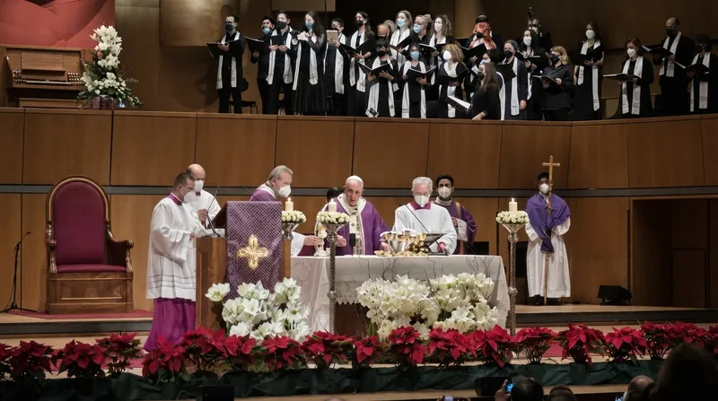 The Vatican released photos of the pope celebrating Mass in a hospital chapel to project stability during his recovery.