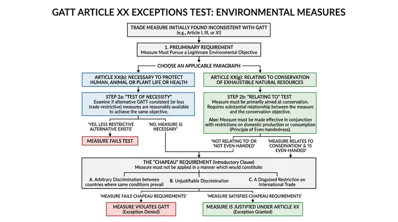 Environmental trade measures must pass a rigorous multi-step legal test to qualify for GATT exceptions.