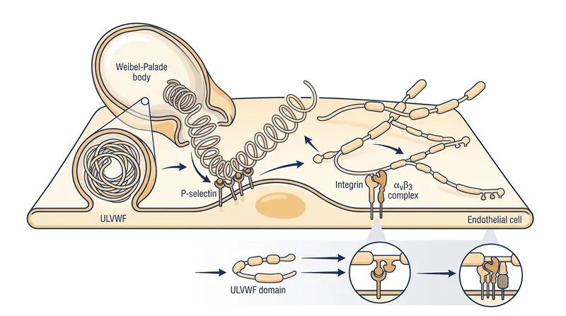 Endothelial cells release ultra-large Von Willebrand Factor (ULVWF) strings from Weibel-Palade bodies upon injury.