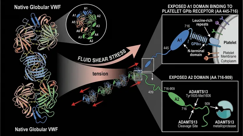 Fluid shear stress unfolds the VWF protein, exposing the A1 domain for platelet binding and the A2 domain for ADAMTS13 cleavage.