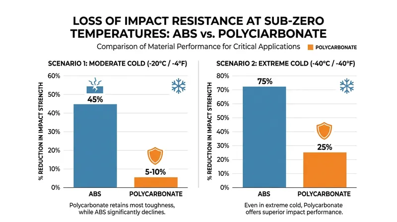 ABS plastic becomes significantly more brittle in freezing aircraft cargo holds, while polycarbonate retains its elasticity.
