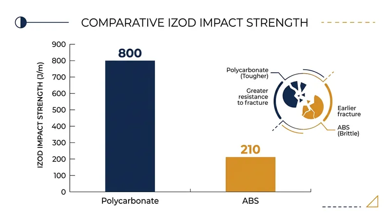 Polycarbonate absorbs nearly four times as much kinetic energy before fracturing compared to standard ABS.