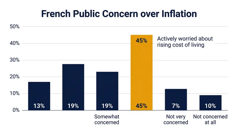 National surveys indicate that nearly half of the French population is actively anxious about persistent inflation.