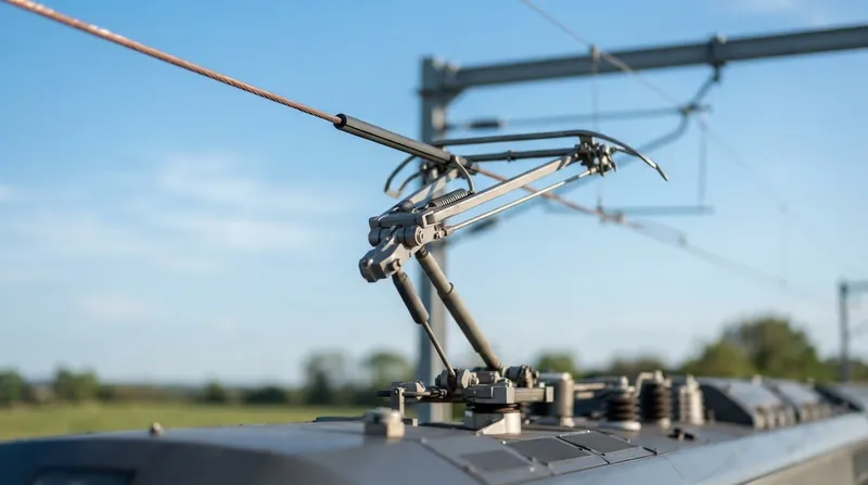 A high-speed train pantograph gliding along an overhead copper wire, showing the aerodynamic carbon contact strips.