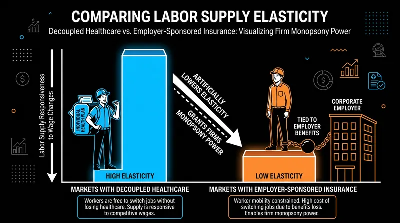 Employer-sponsored insurance artificially lowers the elasticity of labor supply, reducing the threat of employee defection.