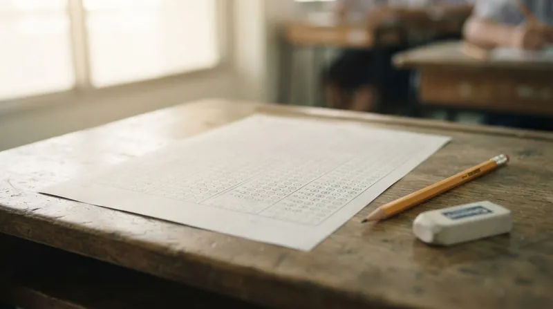 A close-up view of a student's hand holding a pencil and filling in a multiple-choice bubble sheet.