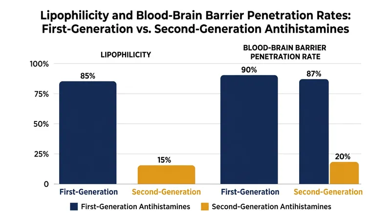 First-generation antihistamines are highly lipophilic, allowing them to passively diffuse across the lipid-rich membranes of the blood-brain barrier.