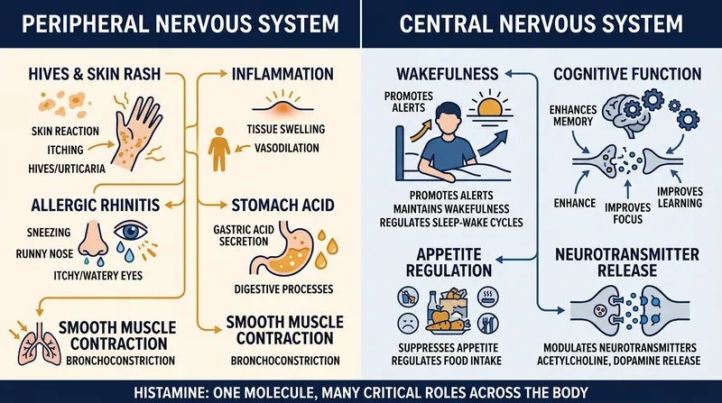 Histamine acts as an inflammatory signal in the body, but functions as a crucial wakefulness neurotransmitter in the brain.