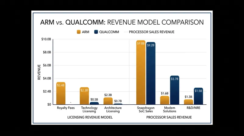Arm and Qualcomm operate on vastly different scales of revenue within the semiconductor supply chain.