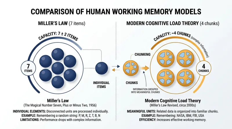 Modern cognitive load theory suggests users can only hold about four distinct chunks of information in working memory at once.