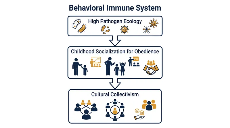 The evolutionary pressure of disease manifests primarily during early development, embedding conformity as a baseline reflex.