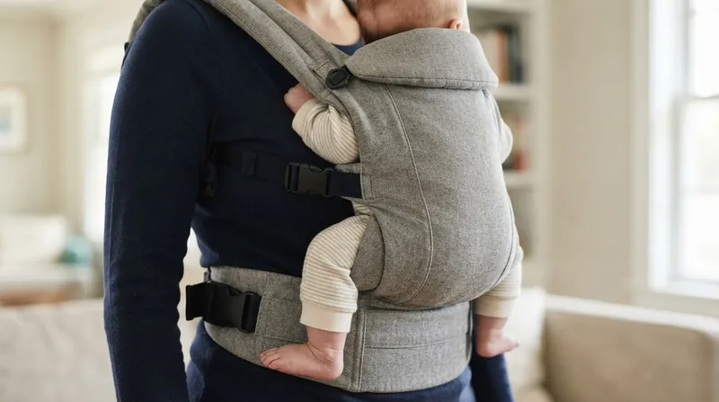 A parent wearing a newborn in an ergonomic baby carrier, showing the baby's legs in the M-position.