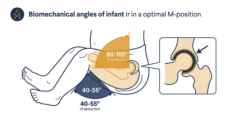 Optimal hip geometry requires 40 to 55 degrees of abduction and 90 to 110 degrees of flexion to center the femoral head.