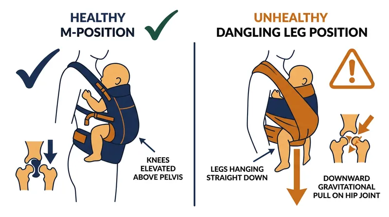 Narrow carriers that allow legs to dangle force the hips into extension, pulling the femoral head away from the center of the socket.