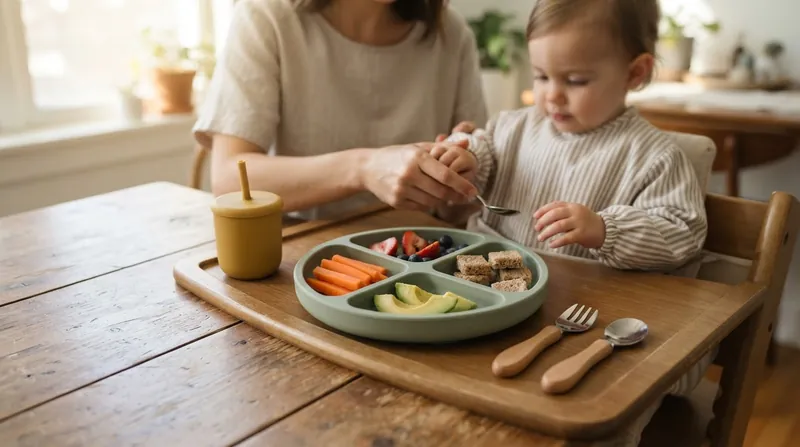 Illustration: Modeling healthy eating behaviors without applying pressure encourages toddlers to explore new foods at their own pace.