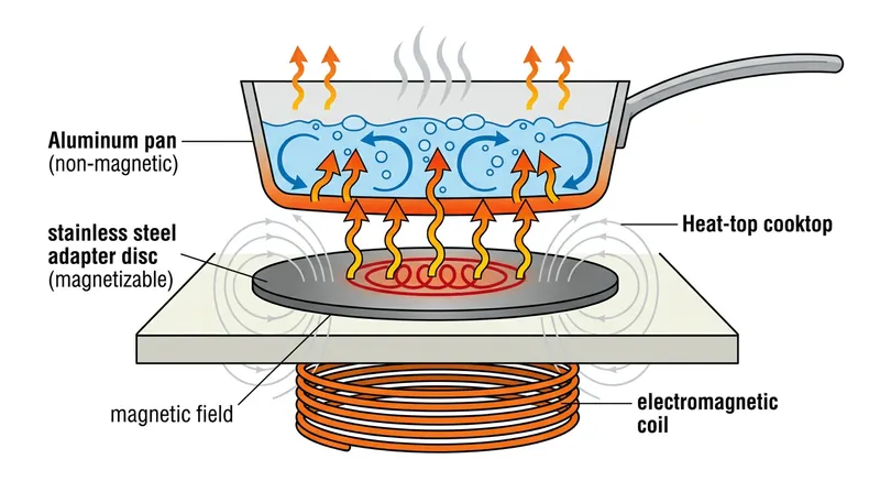 Adapter discs trick the cooktop's sensors but revert the system to slow, inefficient radiant heating.