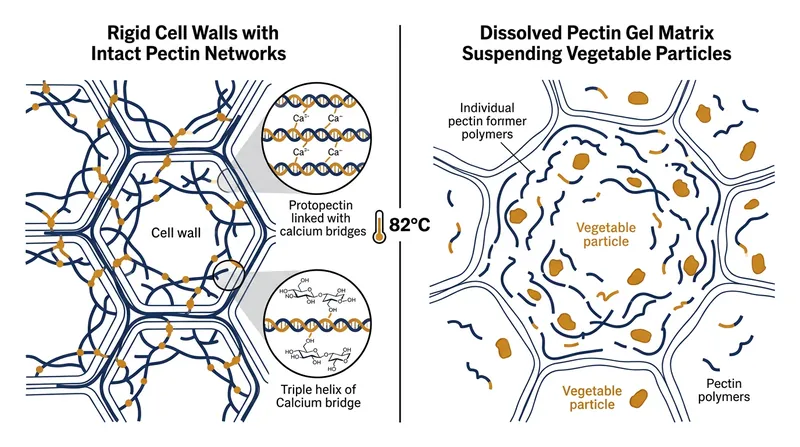 At 82°C, native pectin hydrolyzes into a water-soluble gel that permanently suspends vegetable particles.