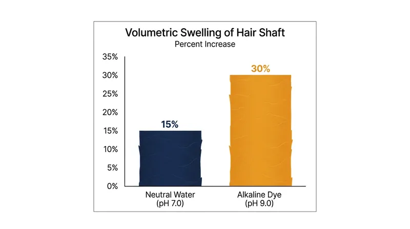 Alkaline dye solutions effectively double the physical swelling of the hair shaft compared to washing in neutral water.