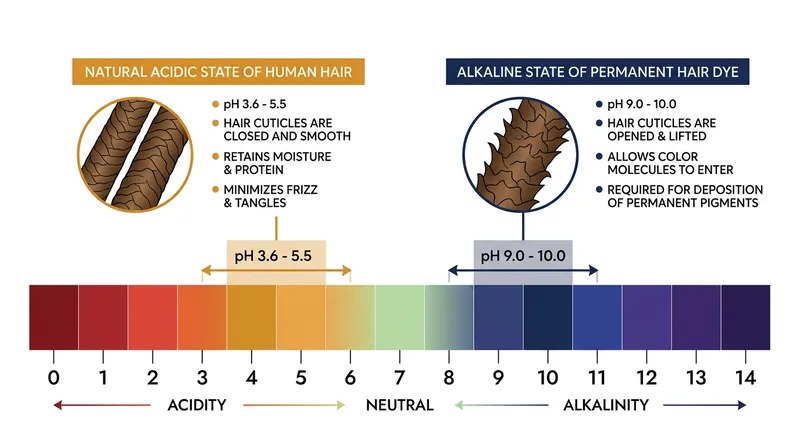 The dramatic shift from the hair's natural acidic state to an alkaline environment is what forces the cuticle to open.