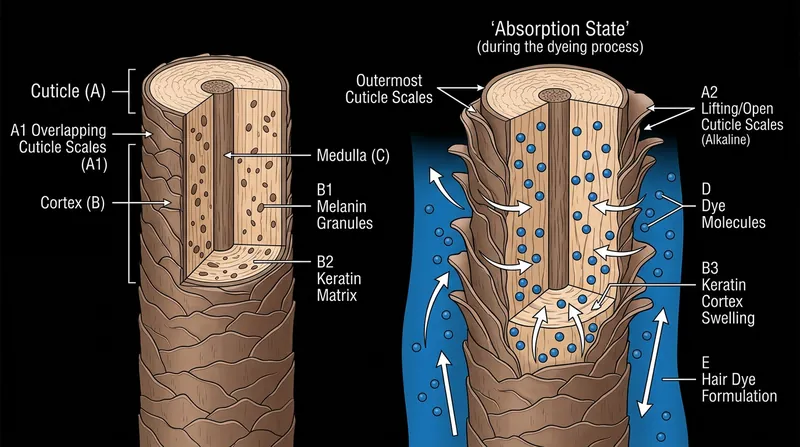 Ammonia forces the keratin chains apart, creating microscopic pathways for dye precursors to enter the cortex.
