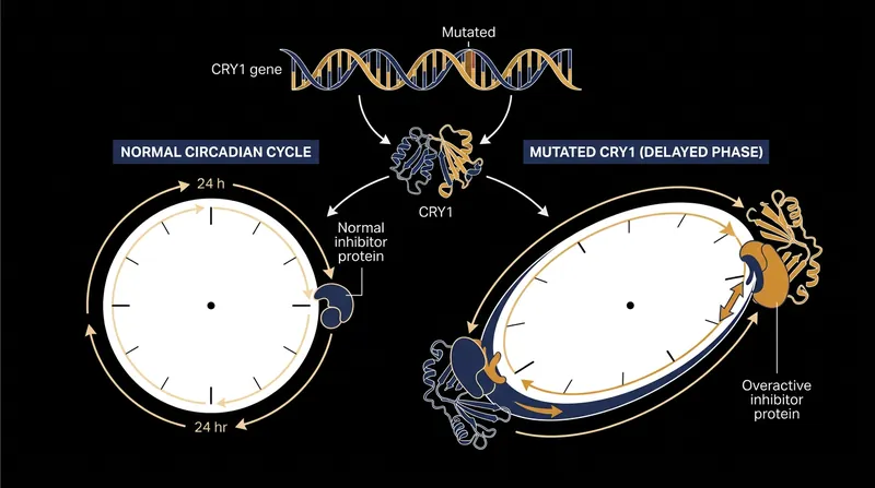 The CRY1 mutation creates an overactive protein that stretches the biological clock beyond the standard 24-hour cycle.