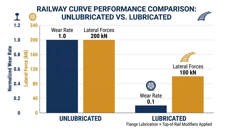 Targeted friction management dramatically reduces the destructive forces acting on curved track.