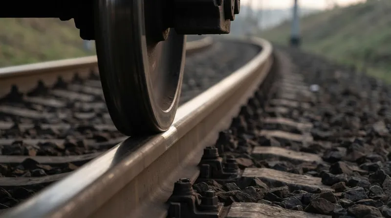 Close-up of a steel train wheel resting on a metal railway track, showing the contact points.