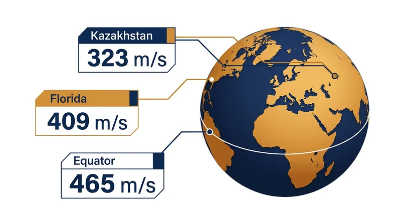 The Earth's surface velocity decreases with the cosine of the geographic latitude, reducing the free velocity available to rockets.