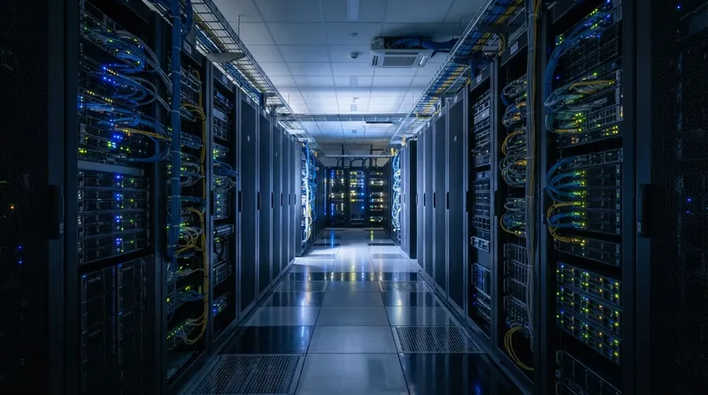 Long corridor of high-performance computer servers in a modern data center illuminated by blue lights.