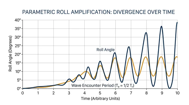 Parametric rolling amplifies rapidly when the wave encounter period matches half the ship's natural roll period.