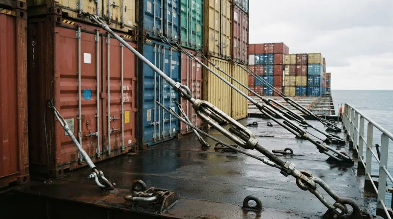 Heavy steel lashing rods and turnbuckles securing the bottom tier of shipping containers on a cargo vessel deck.