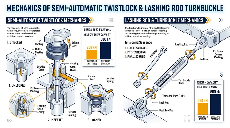 Semi-automatic twistlocks and lashing rods form a rigid geometry to resist transverse acceleration.