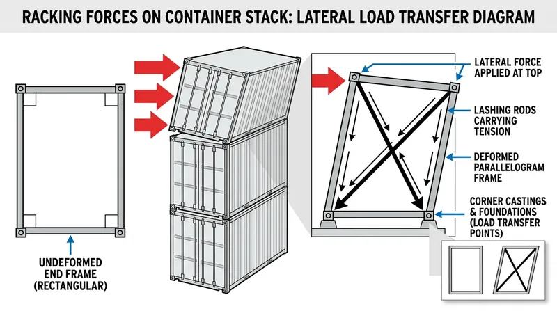 Racking forces distort the lowest containers in a stack, often causing structural failure before the steel lashings break.