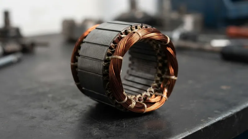 A cutaway view of an automotive alternator showing the copper coils and the heavy iron stator core.