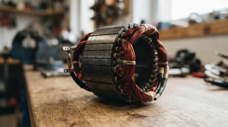 Illustration: Stator cores are built from thin, stacked laminations of silicon steel to minimize heat from eddy currents.