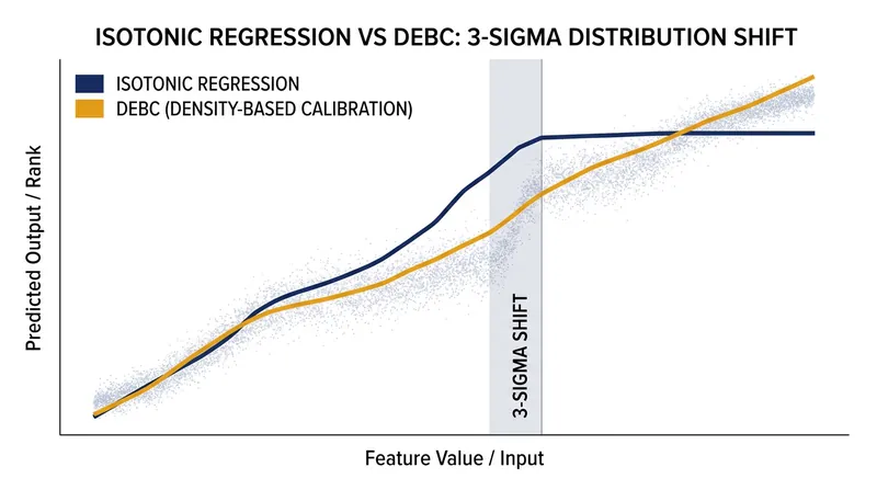 Unlike isotonic regression, DEBC maintains the relative order of predictions even at the extreme margins.