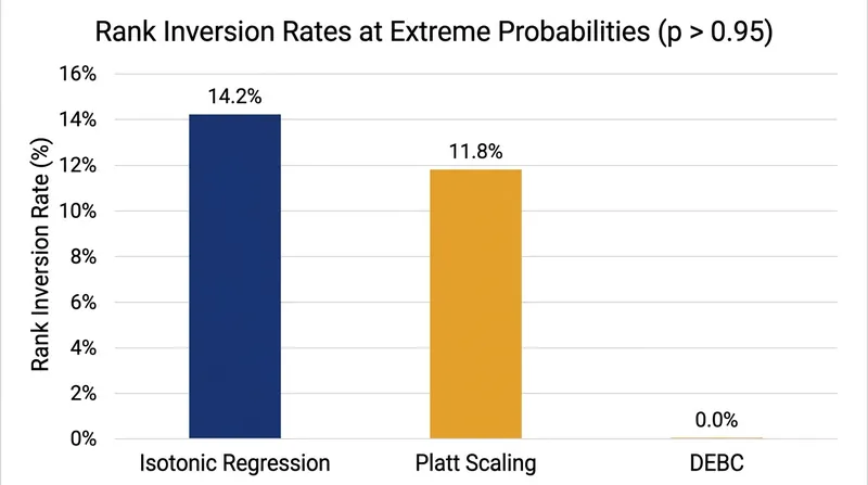 DEBC completely eliminates rank inversion at probabilities above 0.95 during simulated distribution shifts.