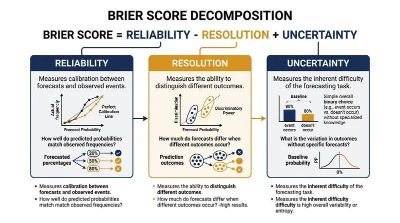 The Brier score decomposes into reliability, resolution, and uncertainty components.