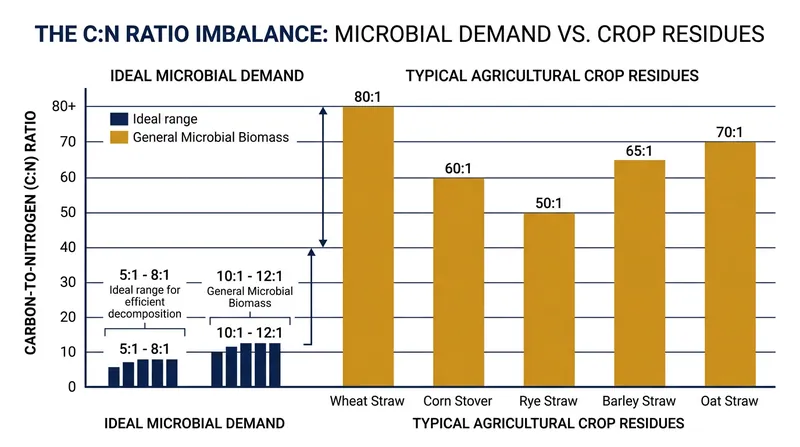 When the carbon-to-nitrogen ratio of agricultural inputs exceeds microbial demand, the soil enters a nutritional deficit.