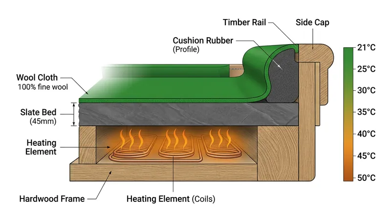 The thick slate bed absorbs the majority of the heat, delivering a gentle 21°C to the playing surface.