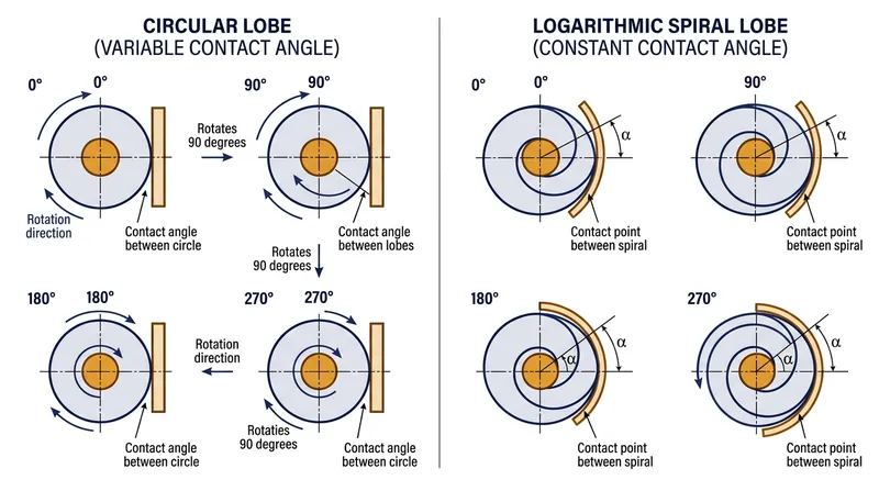 Unlike a circle, a logarithmic spiral ensures the camming angle remains identical regardless of how far the lobes are retracted.