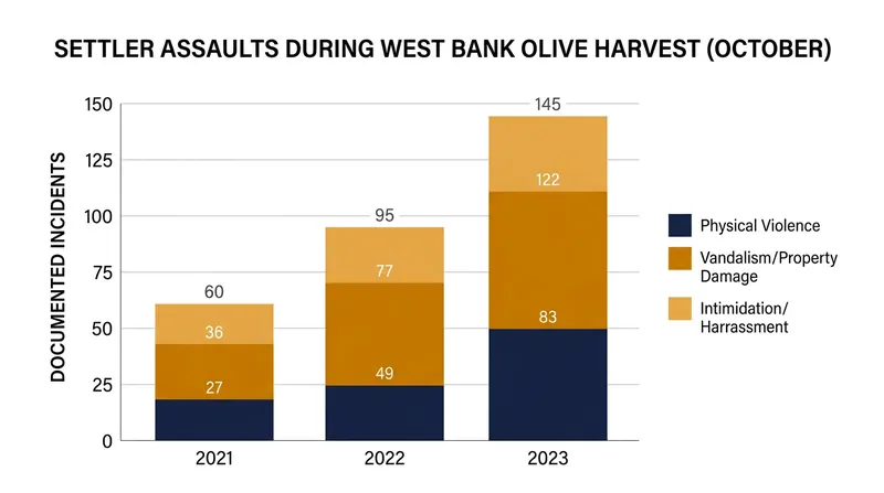 Documented assaults during the West Bank olive harvest have surged, with dozens of attacks recorded in early October 2026.