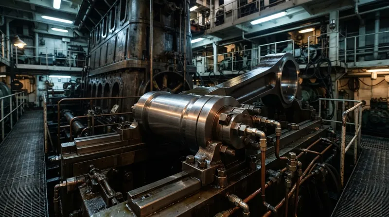 Illustration: A single crosshead pin must transfer thousands of horsepower while absorbing the lateral thrust of the connecting rod.