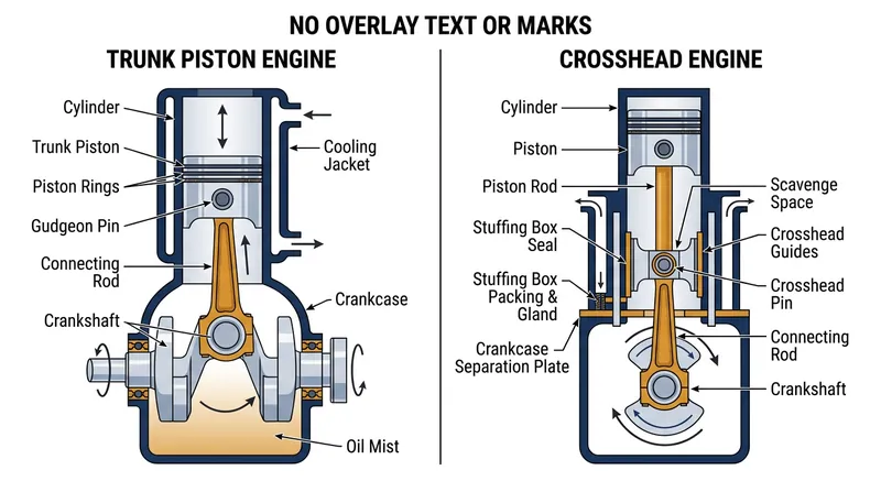 The crosshead design introduces a rigid piston rod and a stuffing box, physically separating the cylinder from the crankcase.