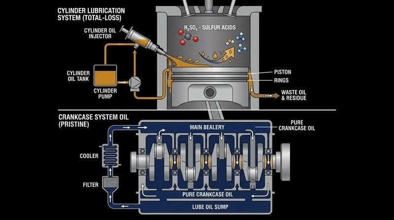 Isolation allows engineers to use highly alkaline oil for the cylinder and standard lubricating oil for the crankcase.