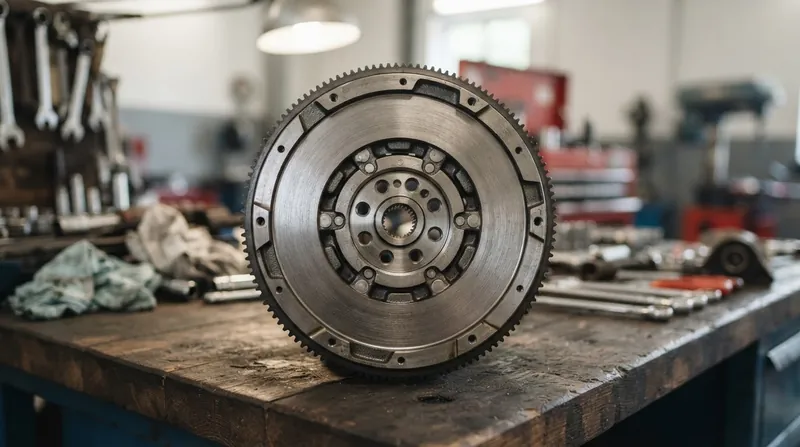 A mechanic's hands inspecting a heavy steel dual-mass flywheel with internal arc springs visible on a workbench.