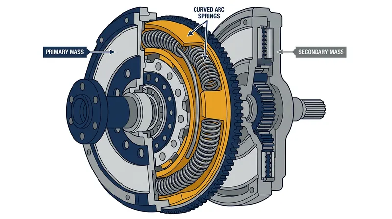 The primary mass absorbs the initial shock from the crankshaft, compressing the arc springs before transferring power to the secondary mass.